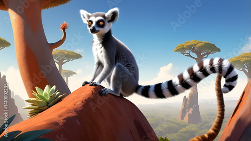 ring-tailed lemur A ring-tailed lemur basking in the morning sun atop a rocky outcrop