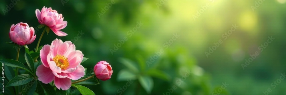Delicate pink peonies in a lush green corner with soft light, , peony, pastel colors Delicate pink peonies in a lush green corner with soft light, , peony, pastel colors