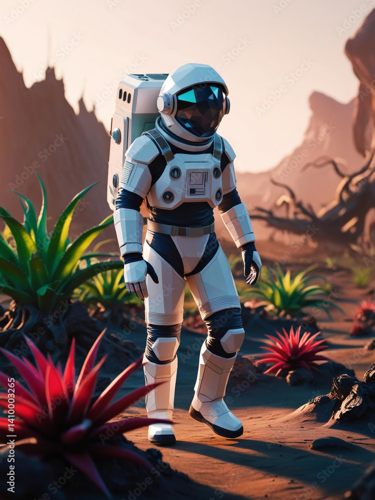 Fototapeta premium A stylized low poly astronaut explores a vivid alien landscape with exotic plants. High-detail sci-fi environment with dramatic lighting and surreal terrain.