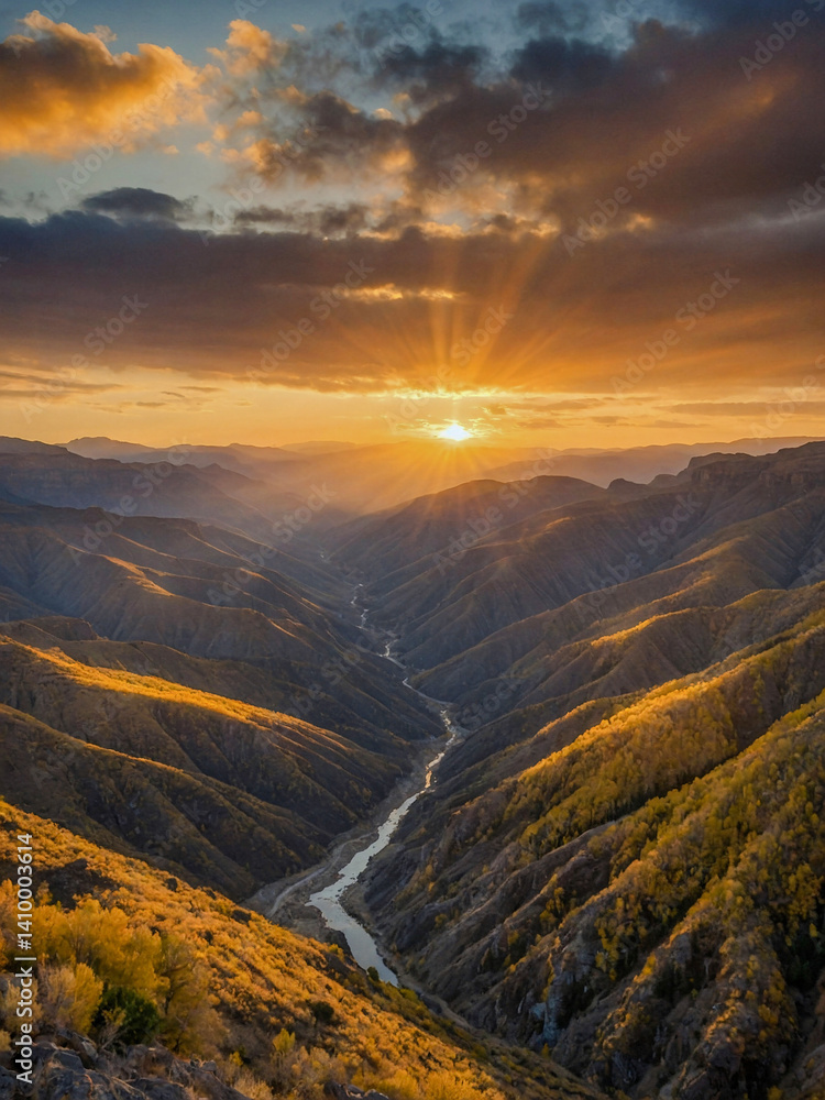 Golden sunrise over rugged mountain slopes and canyon.