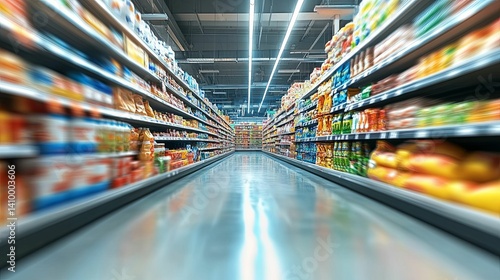 A bustling supermarket aisle displays an array of food products.