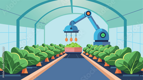 In a futuristic greenhouse robotic arms equipped with sensors gently harvest delicate lettuce leaves with precision and speed.. Vector illustration