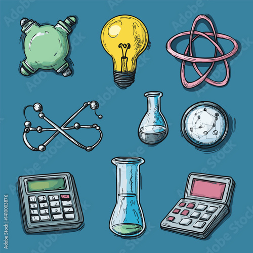 Hand-drawn science education icons with lab equipment