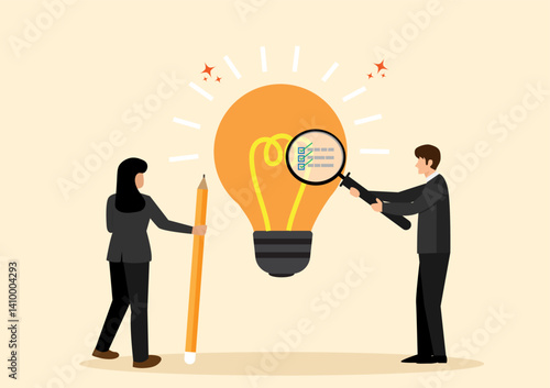Business viability checking, feasibility study by market research to see possibility to success in real world, evaluate profitable of business idea, businessman with magnifier analyze lightbulb idea.