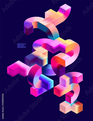 Multicolored 3D geometric shape . Glass iridescent forms. Abstract vector composition