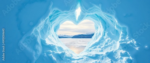 Heart-shaped ice hole, winter storm, frozen lake, image, cold