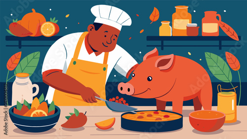 In a rustic kitchen surrounded by colorful es and ingredients a Yucatecan cook massages a blend of achiote and citrus juices onto a whole pig for the iconic dish.. Vector illustration