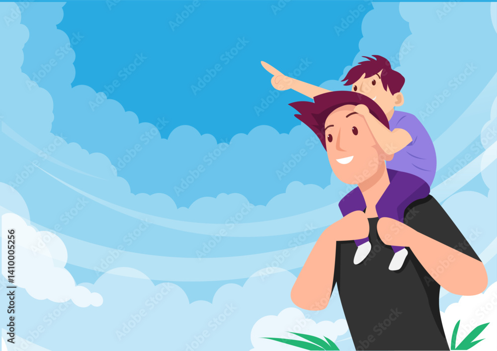 The father carries his son on his shoulders. Happy Father's Day greeting card icon in flat style. Vector cartoon illustration for cards, posters, banners, postcards, brochures, father's day. The father carries his son on his shoulders. Happy Father's Day greeting card icon in flat style. Vector cartoon illustration for cards, posters, banners, postcards, brochures, father's day.