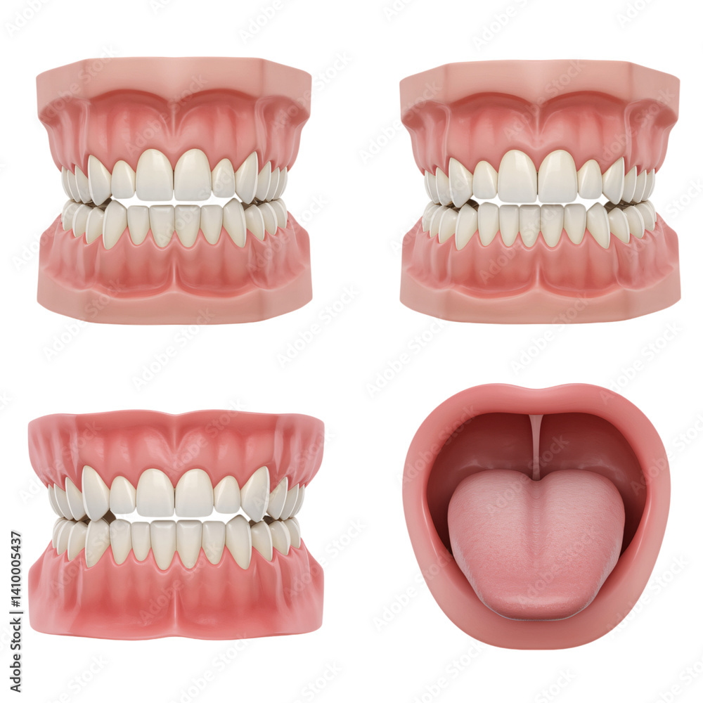 Obraz premium This image showcases a set of 3D models of human mouths and teeth from various perspectives
