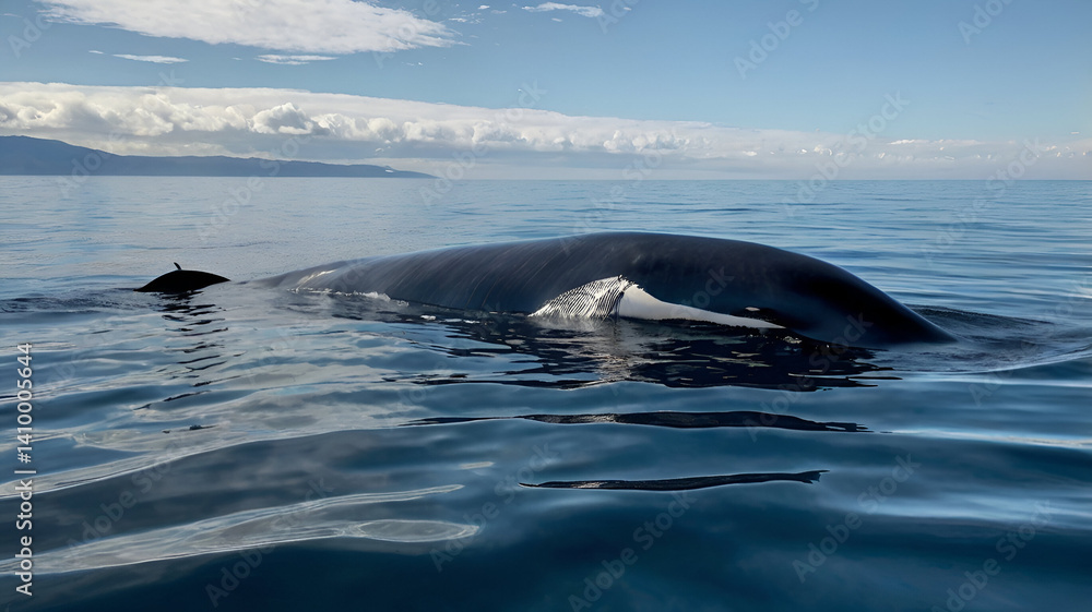 Fototapeta premium A colossal fin whale glides gracefully through the deep, dark blue waters of the open ocean.