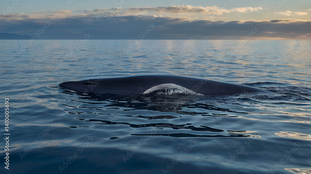 Fototapeta premium A colossal fin whale glides gracefully through the deep, dark blue waters of the open ocean.
