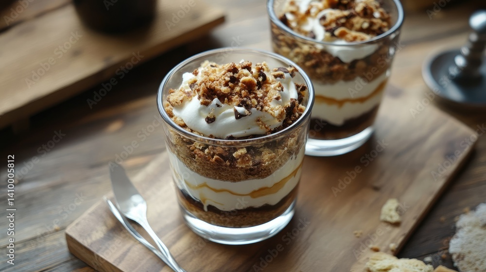 layered desserts in bakery case with chocolate cake and whipped cream in a glass layered desserts in bakery case with chocolate cake and whipped cream in a glass