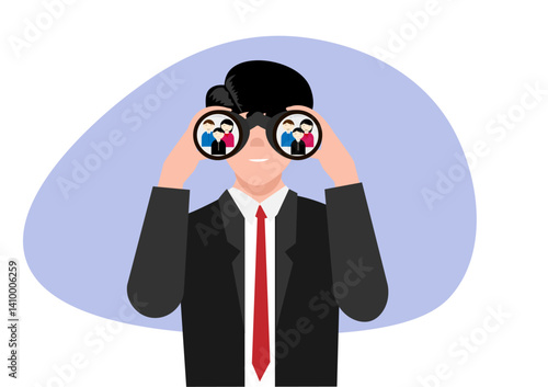 Searching for candidate, HR Human Resources find people to fill in job vacancy, recruitment or finding career opportunity concept, businessman HR look through binoculars to find candidate people.