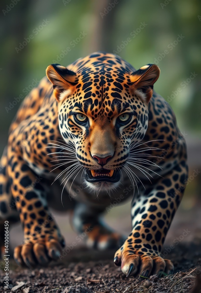 Obraz premium Powerful leopard poised for ambush, muscular physique, intense gaze, wild, stealth