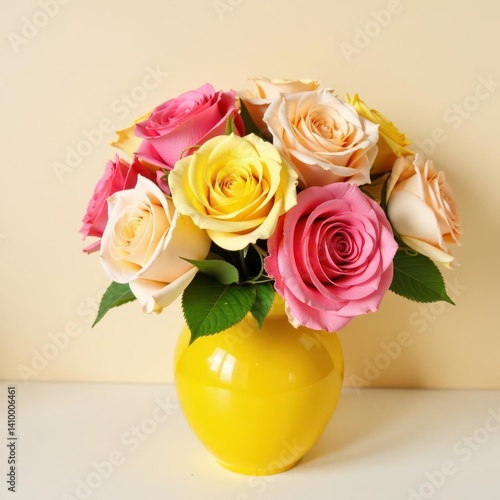 Pink & yellow rose bouquet in yellow vase Vibrant blooms , colorful, yellow vase, spring
