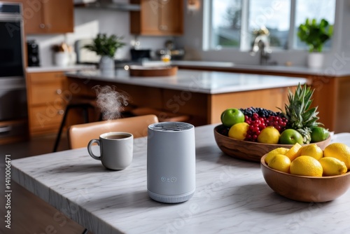Wallpaper Mural This serene kitchen counter scene showcases a steaming coffee cup surrounded by a variety of colorful fruits, conveying a peaceful moment of enjoyment in everyday life. Torontodigital.ca
