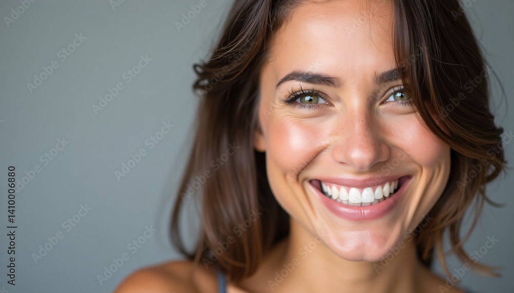 Close up of a brunette woman with a dazzling smile, glossy hair, and dewy skin, neutral gray background, designed for dental care marketing. Close up of a brunette woman with a dazzling smile, glossy hair, and dewy skin, neutral gray background, designed for dental care marketing.