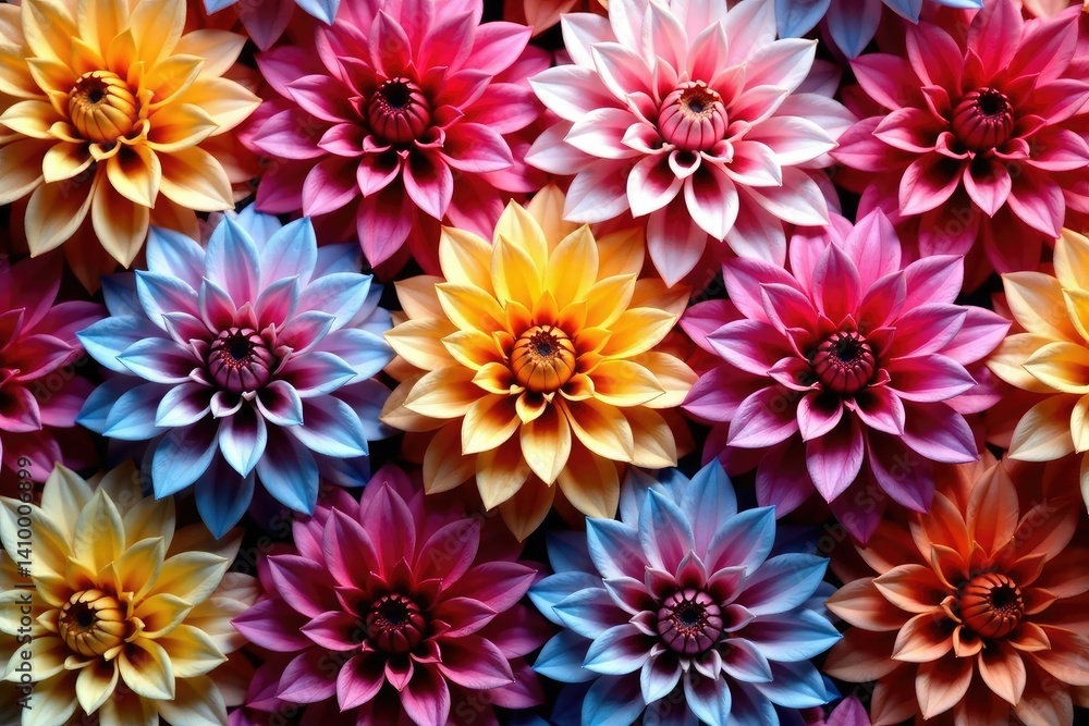 Obraz premium Intricate dahlia blooms in vibrant hues, forming a repeating floral pattern , botanical, textile