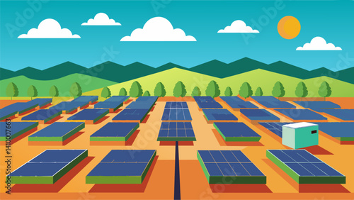 A vast open field of solar panels powering a selfsufficient data factory that runs 247 converting sunlight into raw data that is then refined and distributed to customers.. Vector illustration