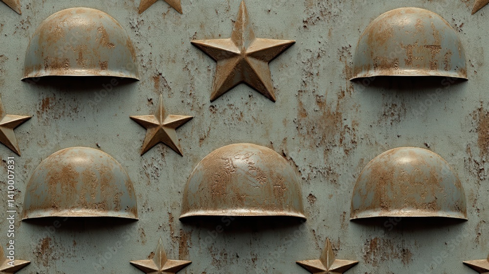 Naklejka premium military-themed gift wrap, vintage military-themed gift wrap featuring weathered d army helmets and faded metallic stars on a distressed canvas texture with muted green tones for a timeless look