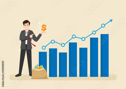 Sales person, marketing or investment professional, earning profit or sale commission money, growth planning or success financial advisor concept, confident businessman hold dollar with growth chart.