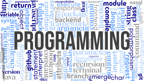 Modern word cloud focused on "Programming," filled with essential coding terms and software development concepts. Great for tech, education, web dev, and IT-themed visuals
