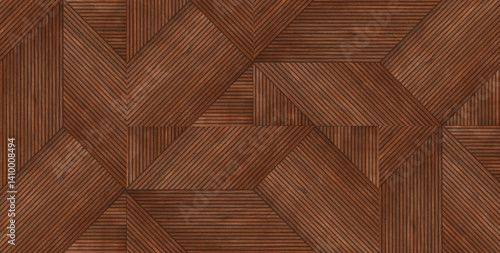 Foto A bold geometric wooden parquet design featuring rich brown diagonal and vertical lines