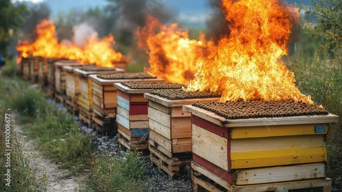 Beehives on fire