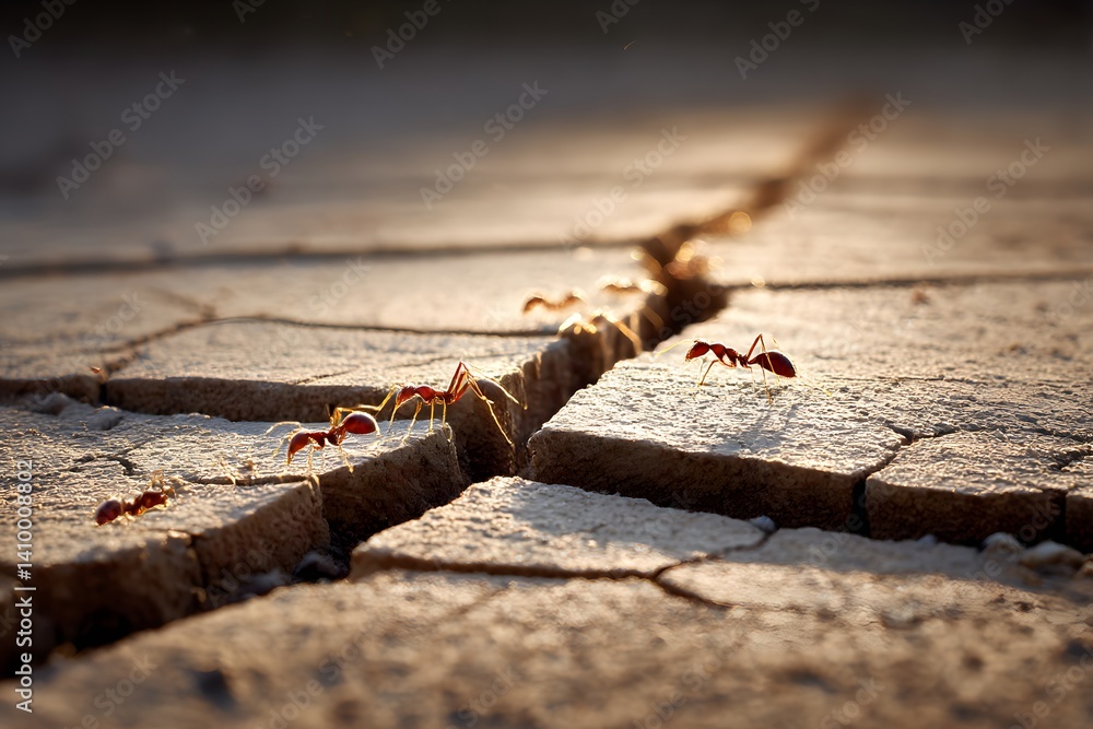 Fototapeta premium Ant trail along cracked soil side-lit