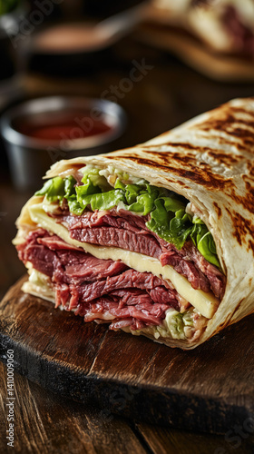 A delicious roast beef wrap cut in half and placed on a plate, ready for a satisfying bite