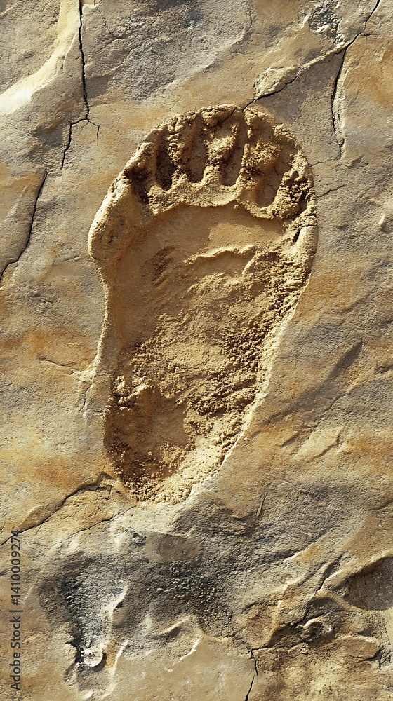 Obraz premium Fossilized Human Footprint in Ancient Rock Formation; Detailed Texture and Markings