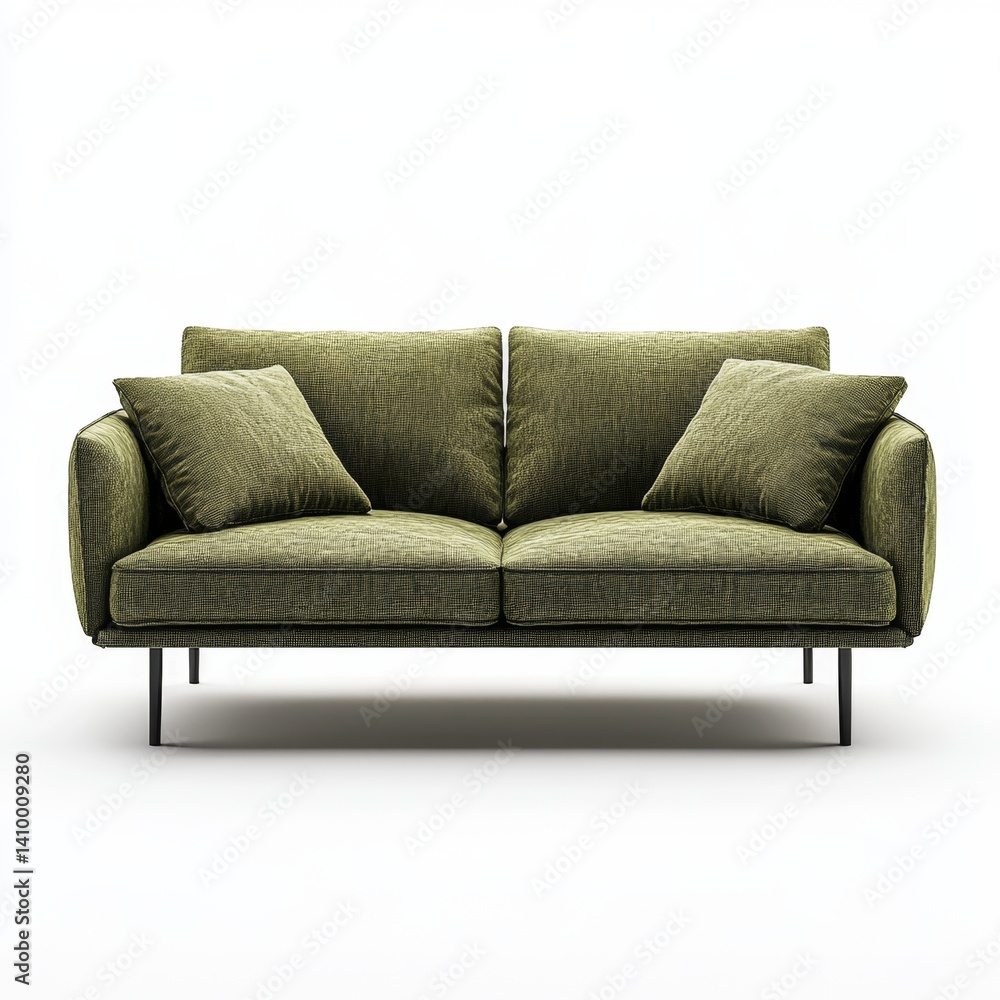 Modern two-seater sofa in olive green fabric with simple, dark legs. Compact, comfortable, and stylish Modern two-seater sofa in olive green fabric with simple, dark legs. Compact, comfortable, and stylish