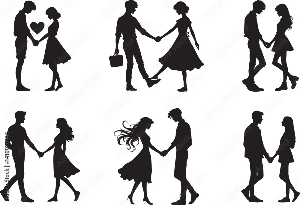 Fototapeta premium a set of black silhouette couples holding hands in various romantic poses