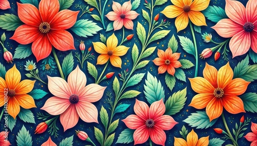 Intricate, flowing floral design, continuous pattern , pink, dark, bright