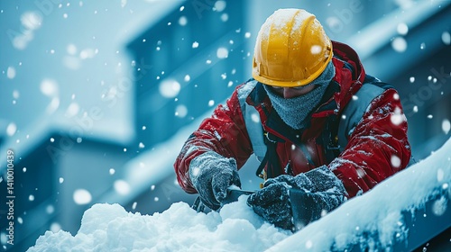 A worker in protective gear clears snow from a rooftop during a winter storm.