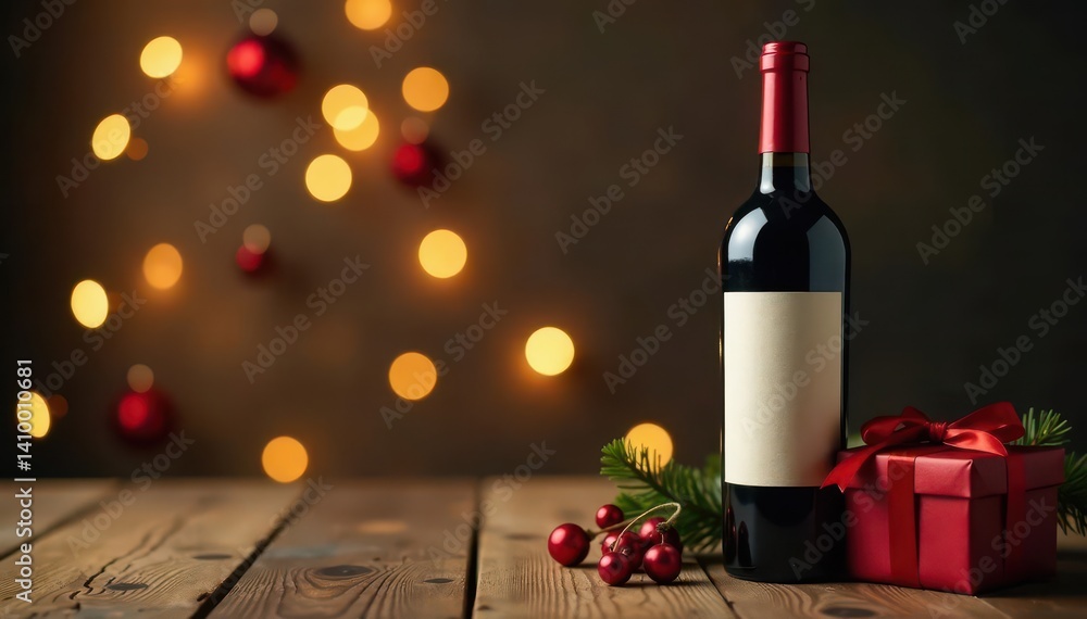 A bottle of red wine, Christmas present, wooden table, wood, photo, wine