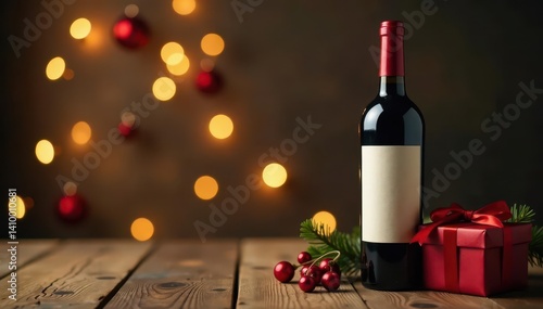 Obraz na płótnie A bottle of red wine, Christmas present, wooden table, wood, photo, wine w salonie