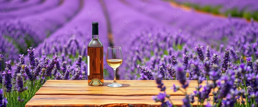 A bottle of wine and a single wine glass sit on a rustic wooden table amidst a vibrant lavender field, drinkware, rustic