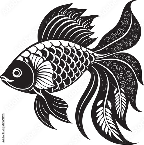 Elegant Black and White Goldfish: A striking silhouette of a goldfish, rendered in elegant black and white, with intricate details adorning its fins and tail.