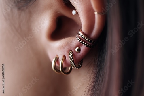An image showcasing multiple ear piercings, including a rook, daith, and snug, with various sizes of hoops and studs