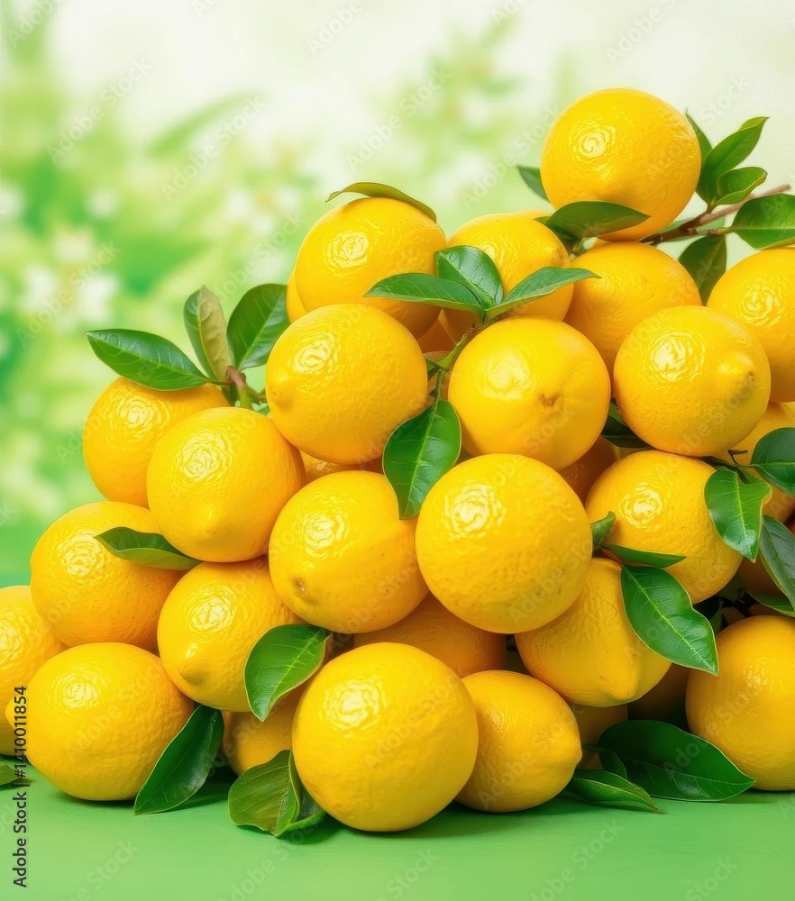 A vibrant pile of ripe lemons against a fresh green backdrop, summer, tart, green background