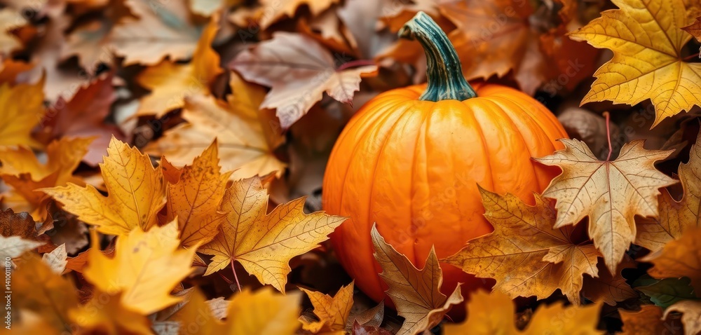 A vibrant orange pumpkin, partially hidden amongst autumn leaves, botanical, fall