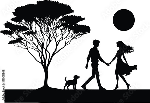Romantic couple silhouette stroll dog tree moon sharp contrast black
