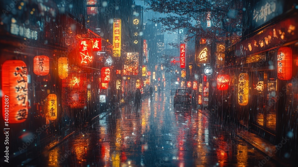 Fototapeta premium City street at night with bright neon signs and reflections on wet pavement.