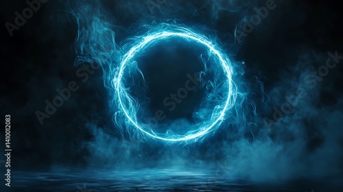 Glowing Blue Energy Circle on Smoky Dark Floor Background Abstract