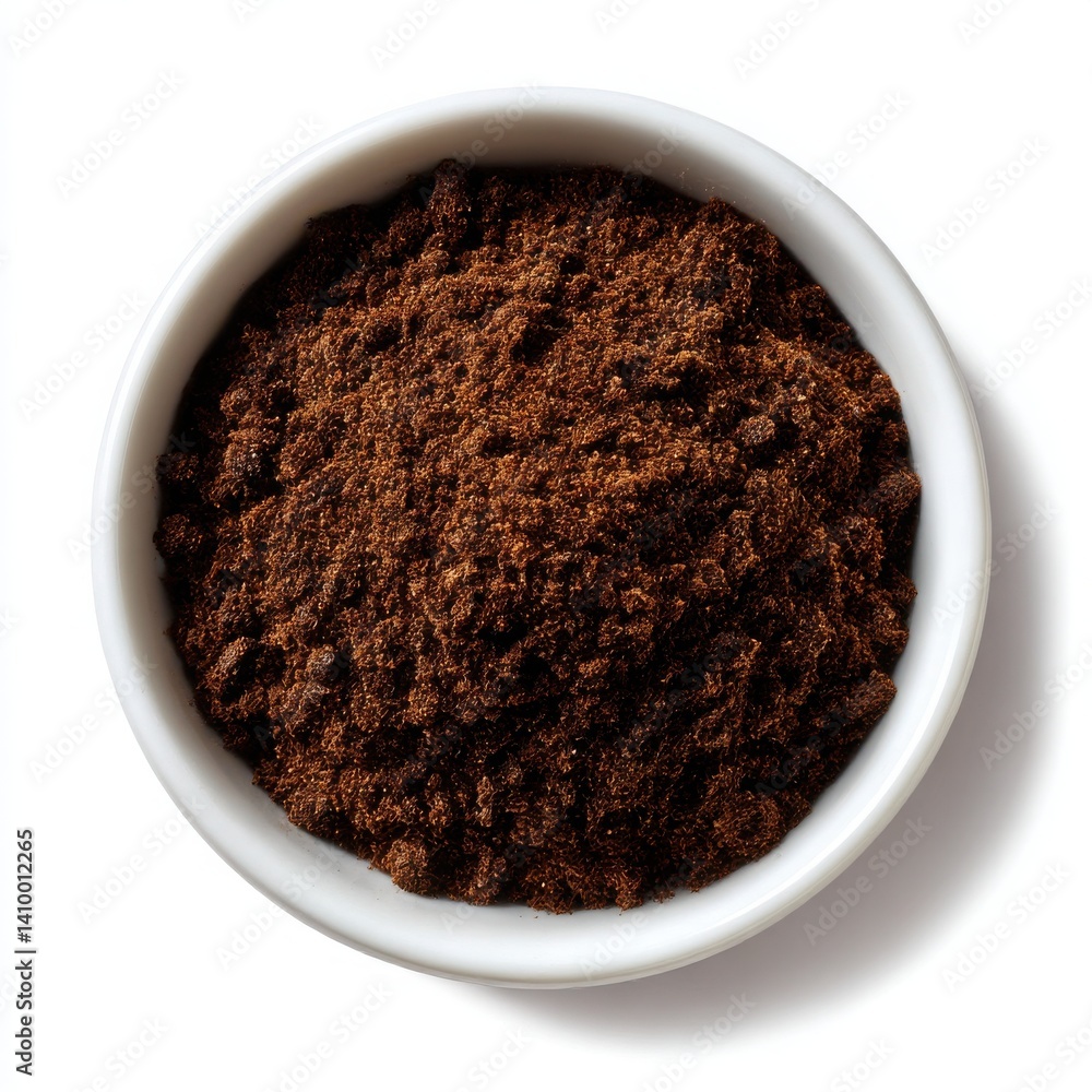 Overhead shot of ground coffee in a small white ceramic bowl isoleted on white background Overhead shot of ground coffee in a small white ceramic bowl isoleted on white background