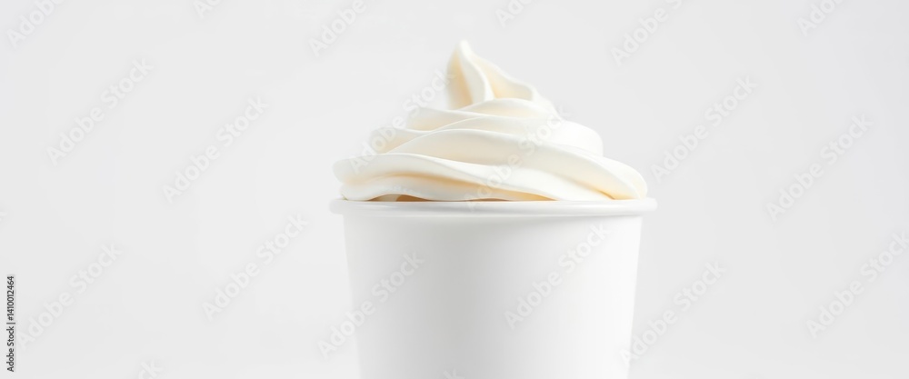 Close-up of fluffy white whipped cream topping in a disposable coffee cup against a pure white background, drink, whipped cream, sweet