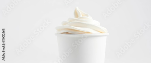 Obraz na płótnie Close-up of fluffy white whipped cream topping in a disposable coffee cup against a pure white background, drink, whipped cream, sweet w salonie