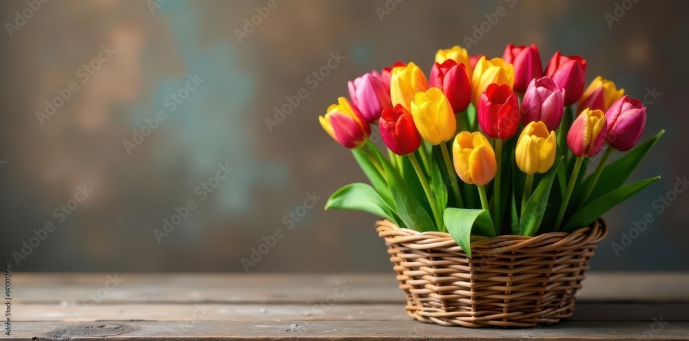 Colorful tulip arrangement in a woven basket on wood , still life, tulip