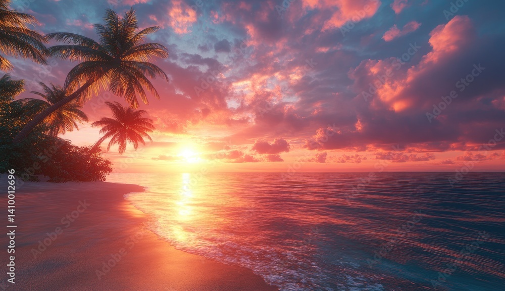 Silhouette of Palm Trees at Sunset on a Tropical Beach with Orange and Pink Sky Reflection in the Ocean Water Silhouette of Palm Trees at Sunset on a Tropical Beach with Orange and Pink Sky Reflection in the Ocean Water